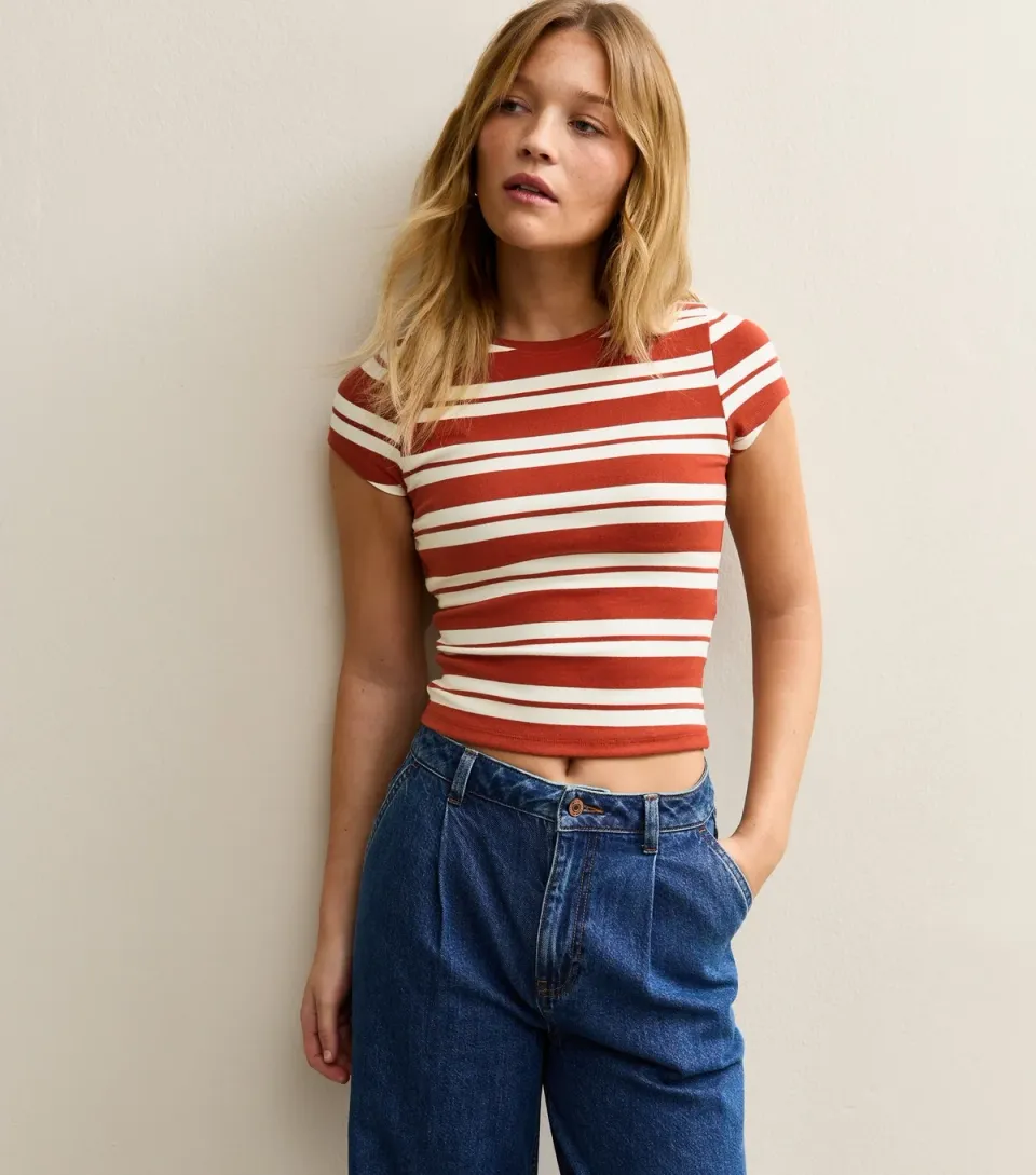 Women's Red Striped Baby Tee