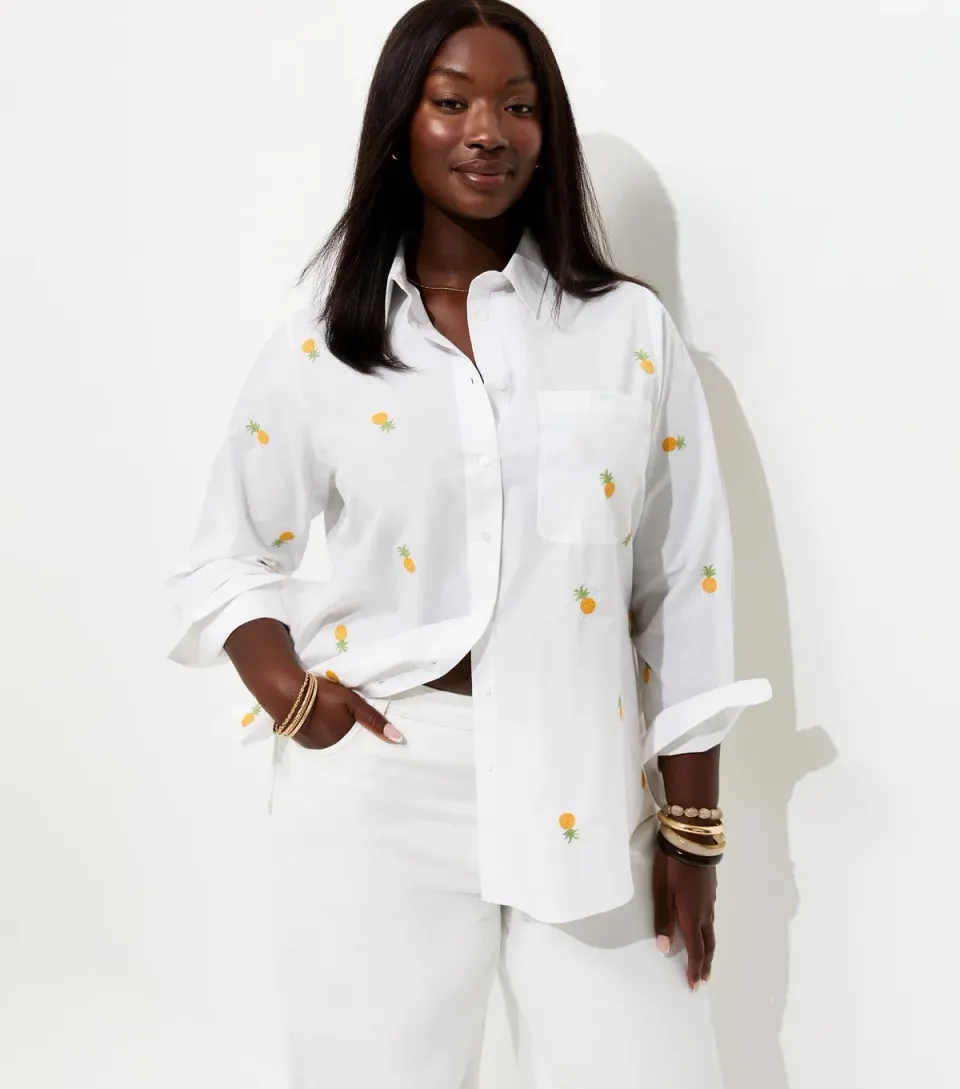 Women's Plus Size White Cotton Pineapple Embroidered Shirt Curves