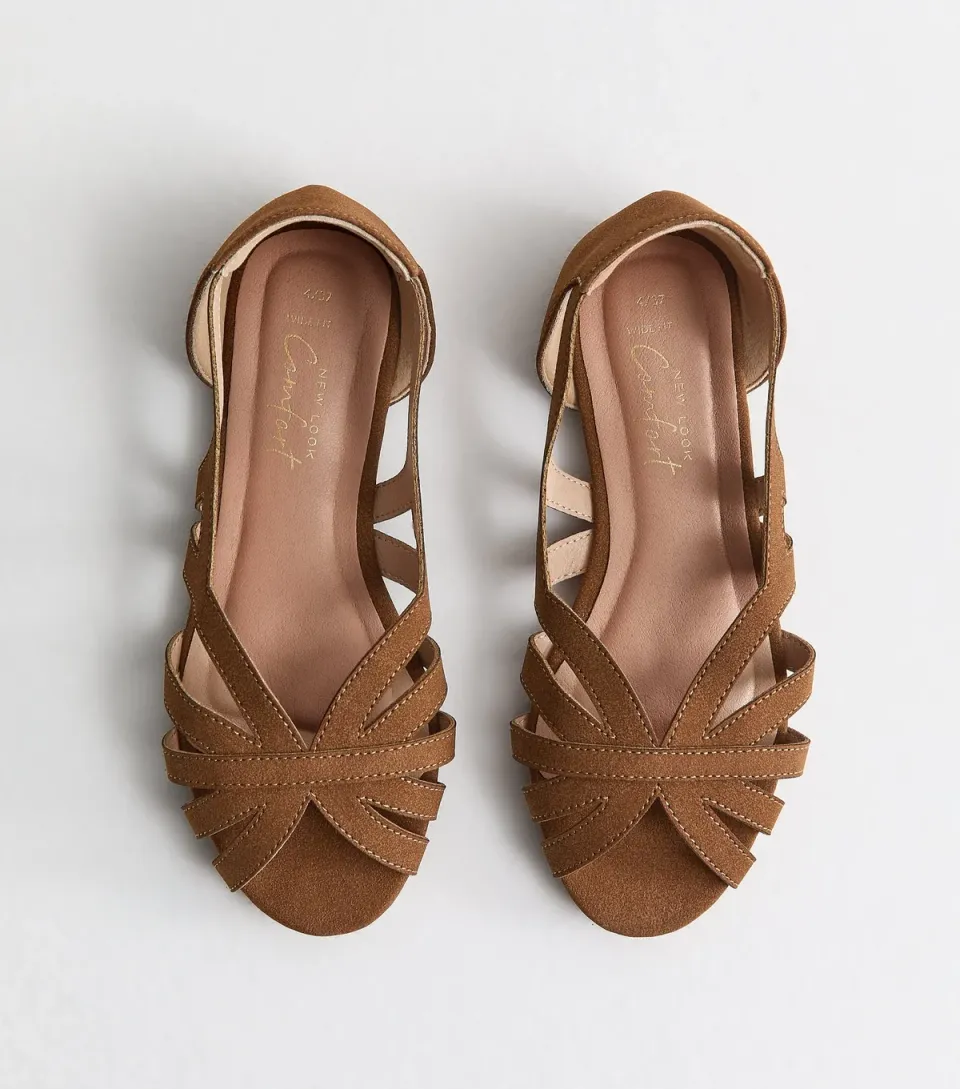 Women's Wide Fit Tan Faux Suede Peep Toe Flats Vegan