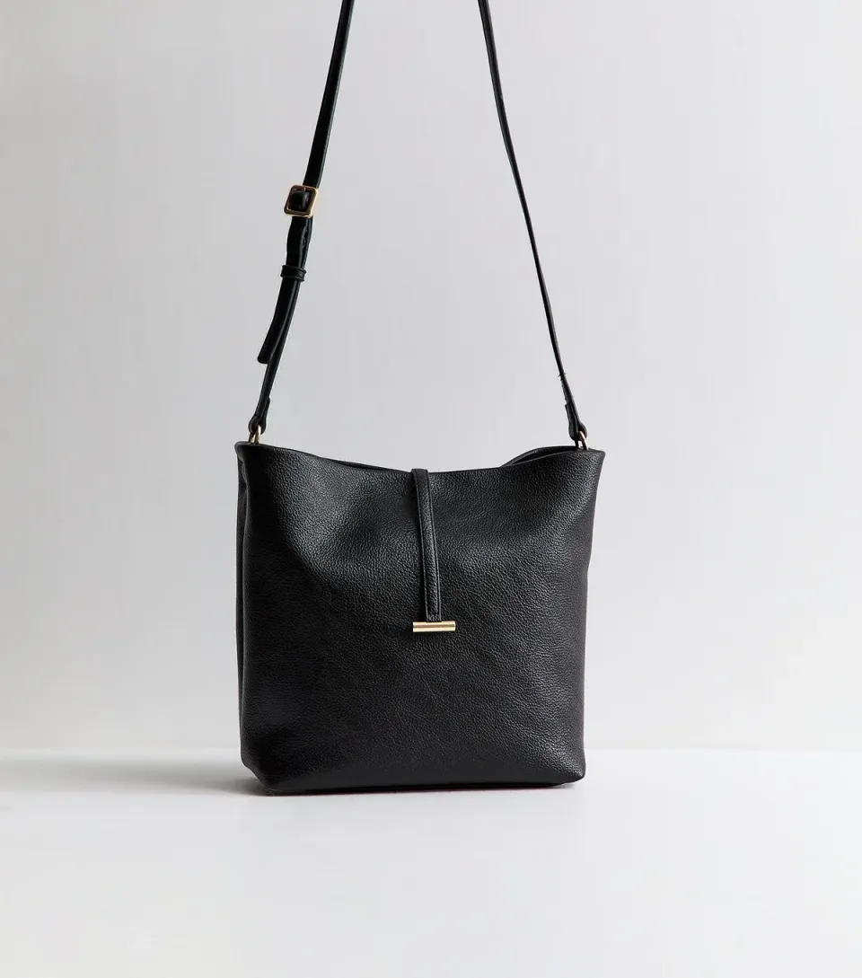 Black Grained Faux Leather Bucket Bag Vegan