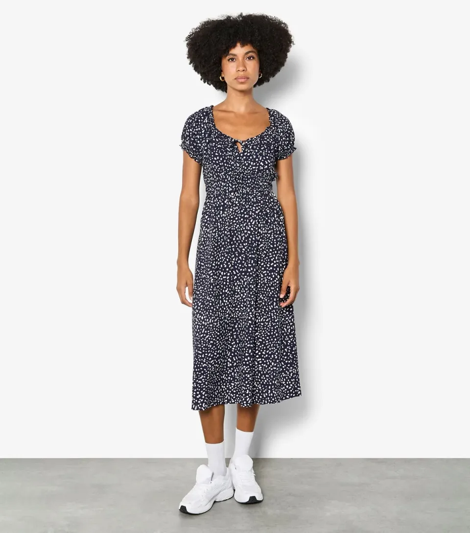 Women's Blue Spotty Midi Milkmaid Dress