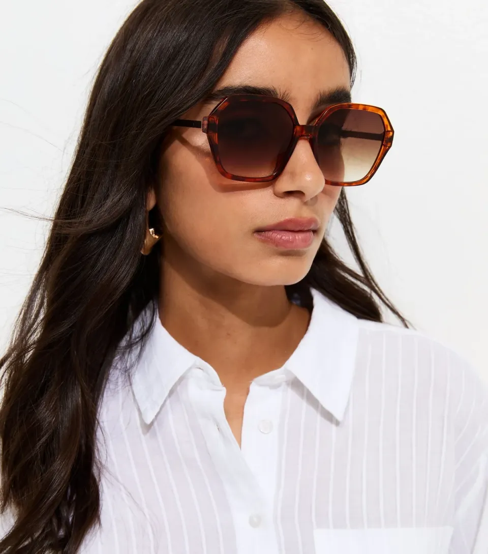 Brown Tortoiseshell Oversized Hexagonal Sunglasses