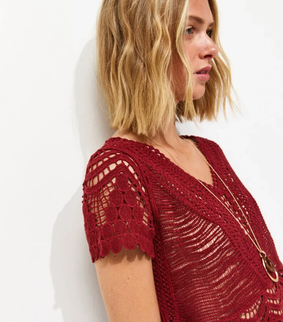 Women's Rust Cotton Crochet V Neck Top