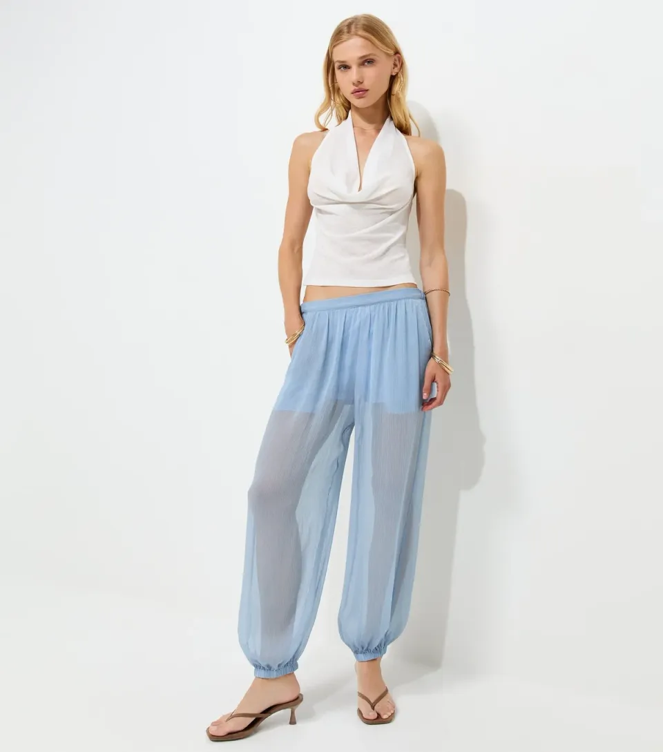 Women's Light Blue Sheer Chiffon Cuffed Trousers