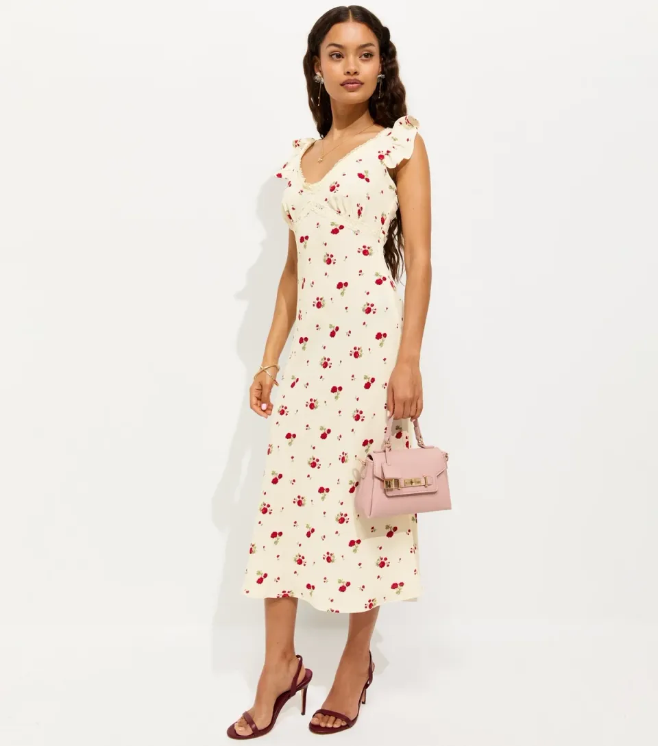 Women's Petite Cream Rose Print Lace Trim Midi Tea Dress