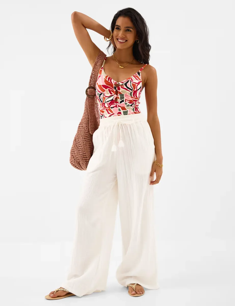 Printed Padded Beaded Scoop Neck Swimsuit Multi