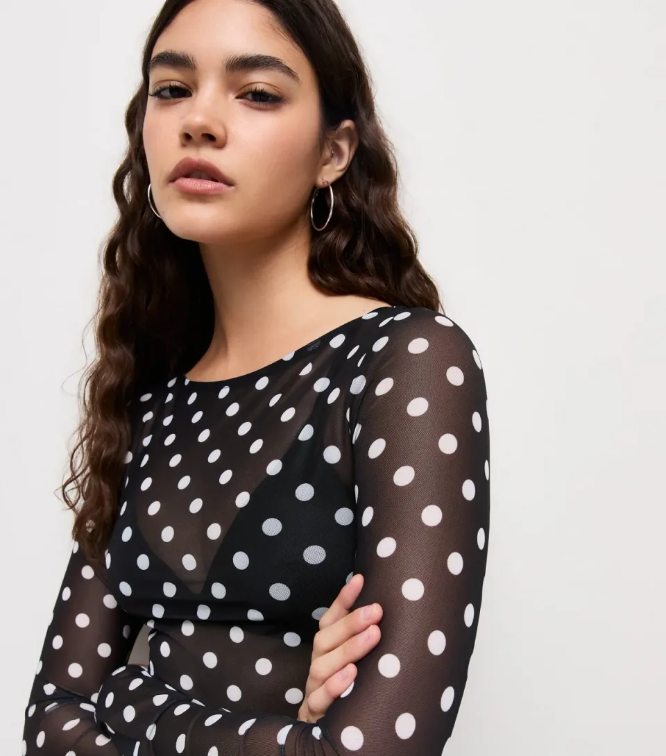 Women's Black Mesh Polka Dot Long Sleeve Top
