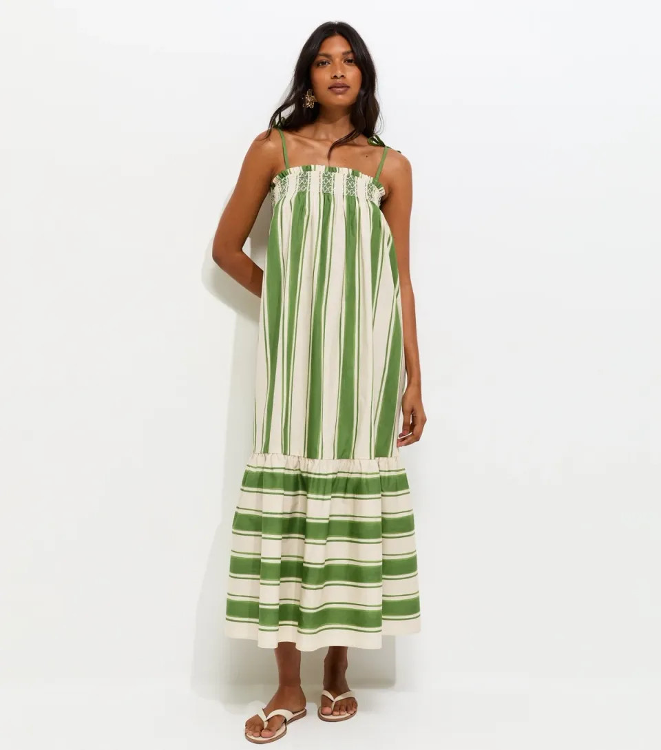 Women's Green Cotton Striped Tie Strap Midi Dress