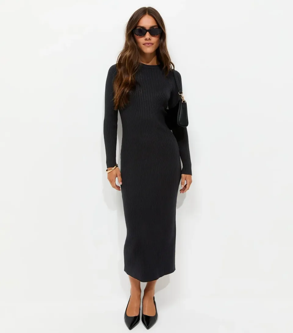 Women's Petite Black Lightweight Rib Midi Dress