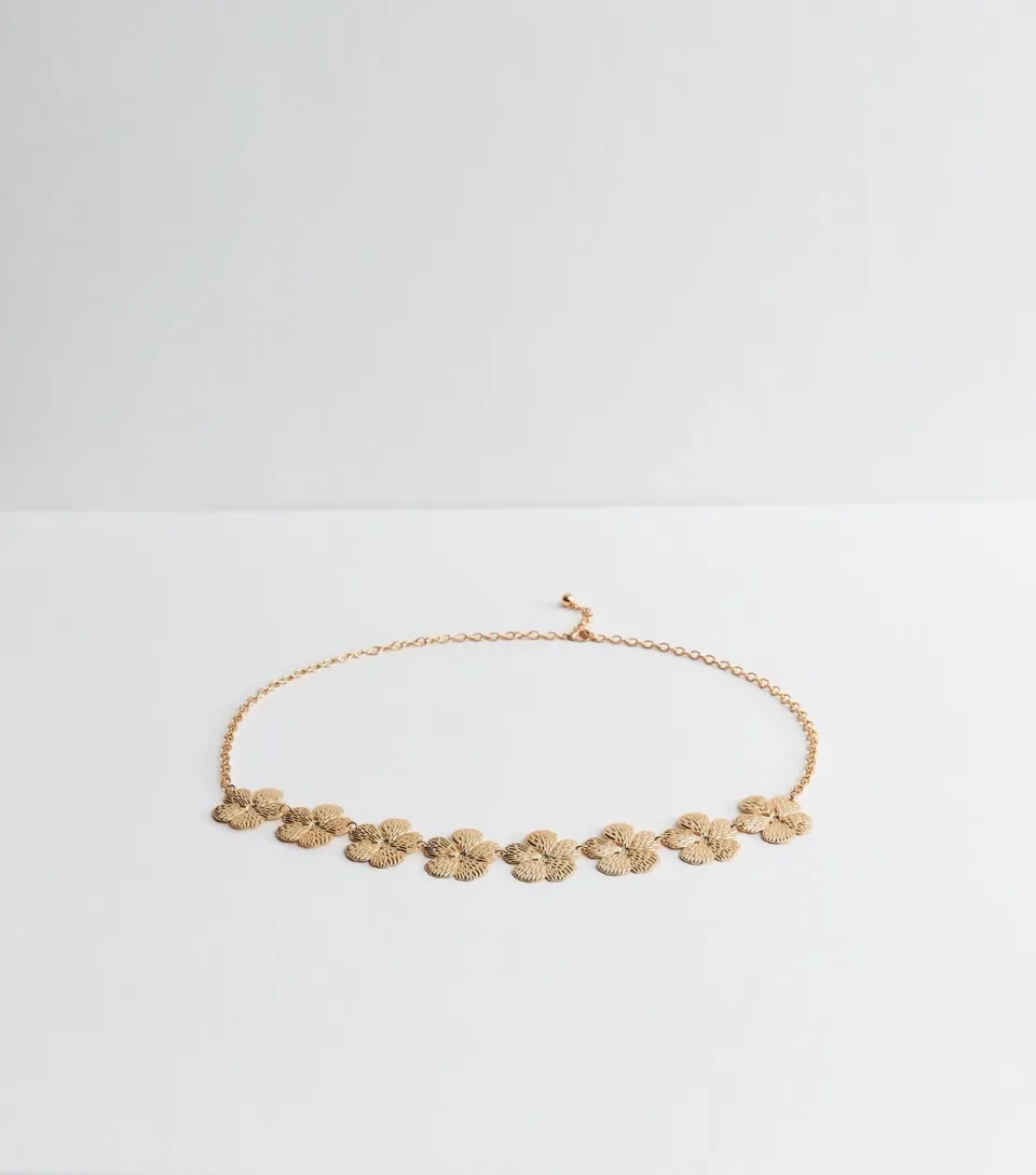 Gold Tone Textured Flower Chain Belt