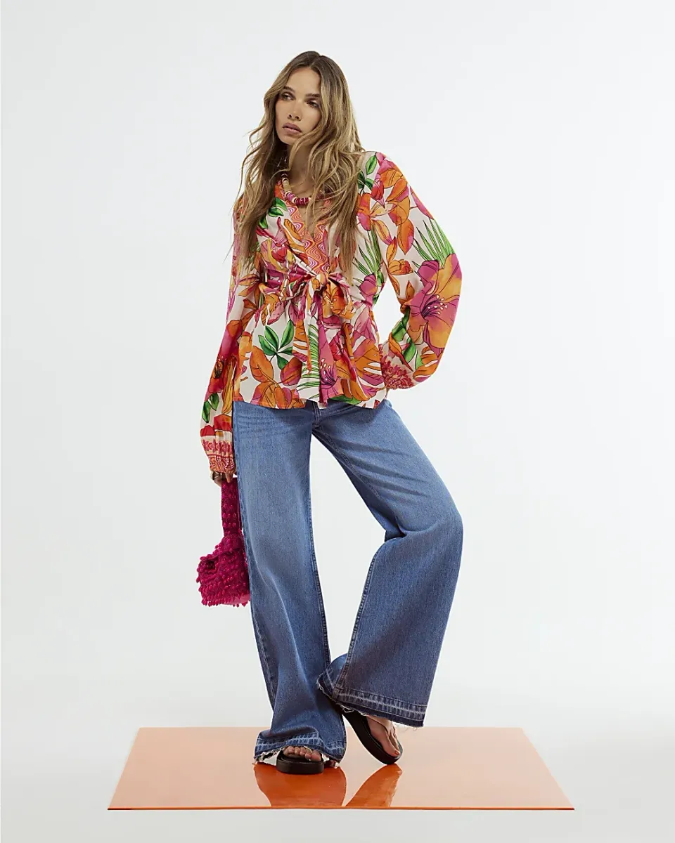 Tropicana Print Tie Front Blouse