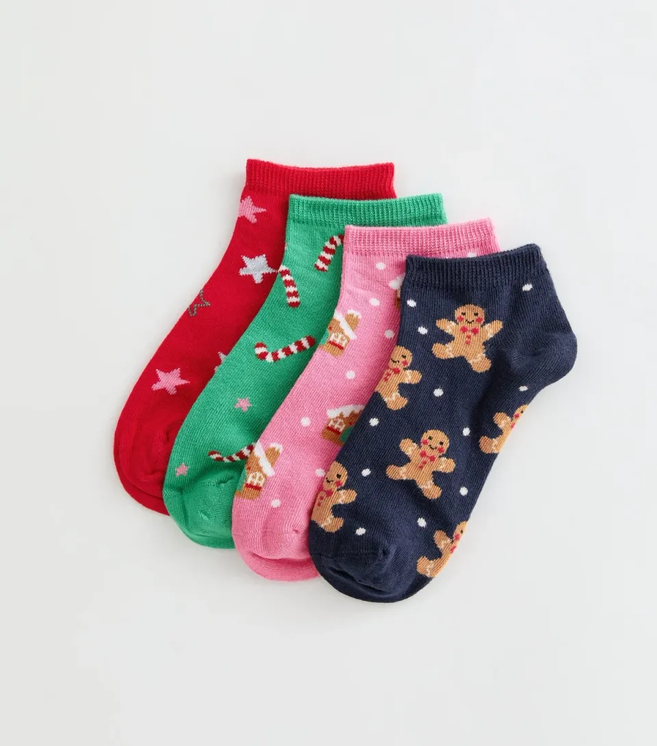 Pack of 4 Cotton Rich Multicoloured Christmas Print Trainer Socks
