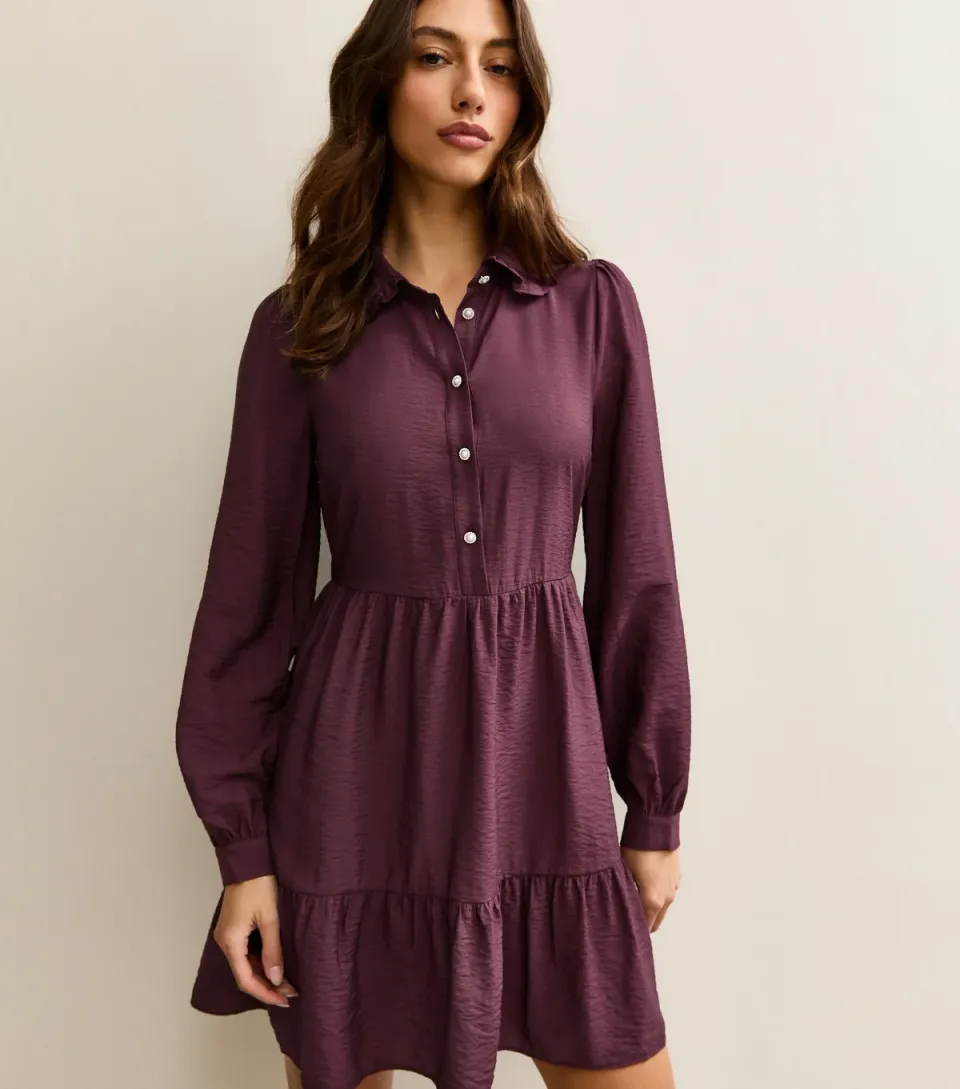 Women's Tall Dark Purple Tiered Long Sleeve Shirt Mini Dress