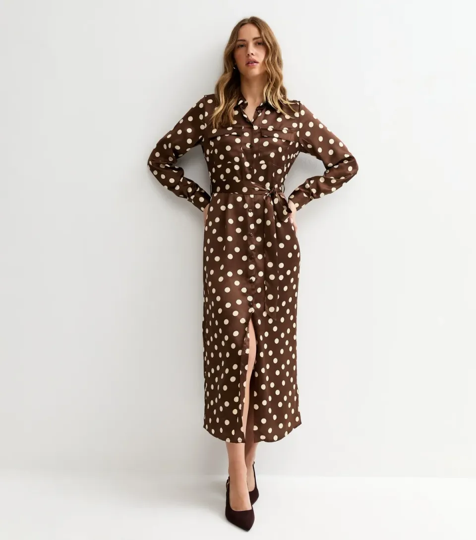 Women's Brown Satin Polka Dot Midi Shirt Dress