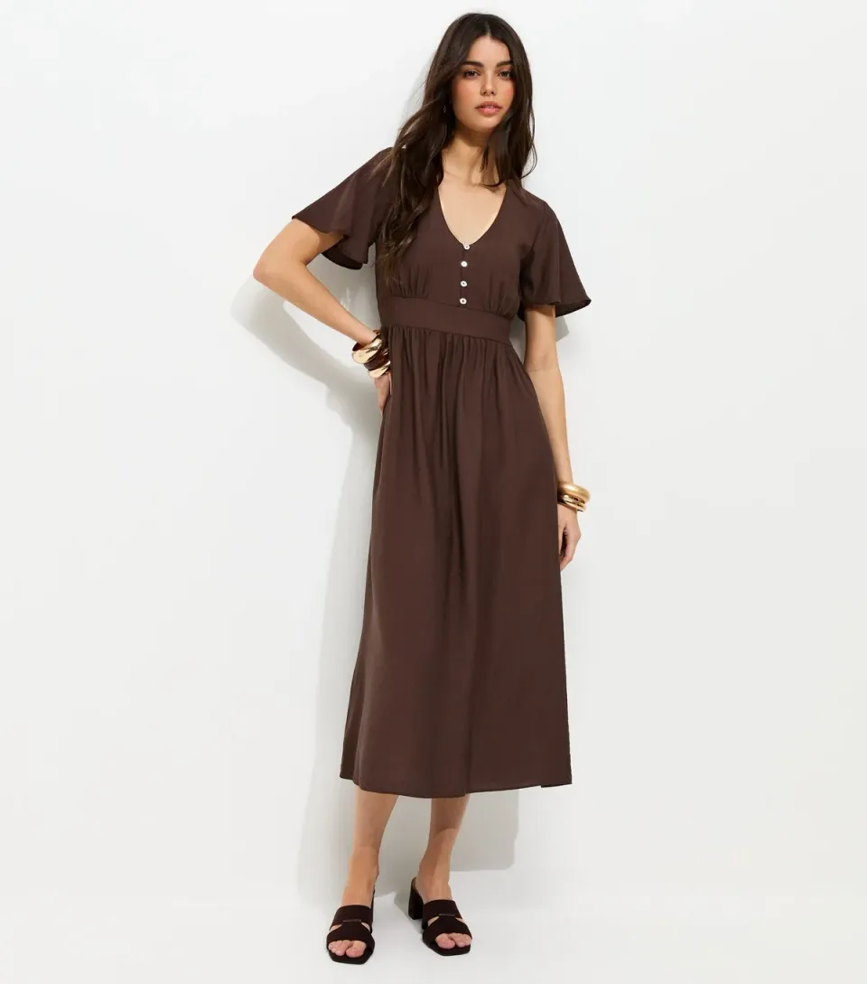 Women's Dark Khaki Frill Sleeve V Neck Midi Dress