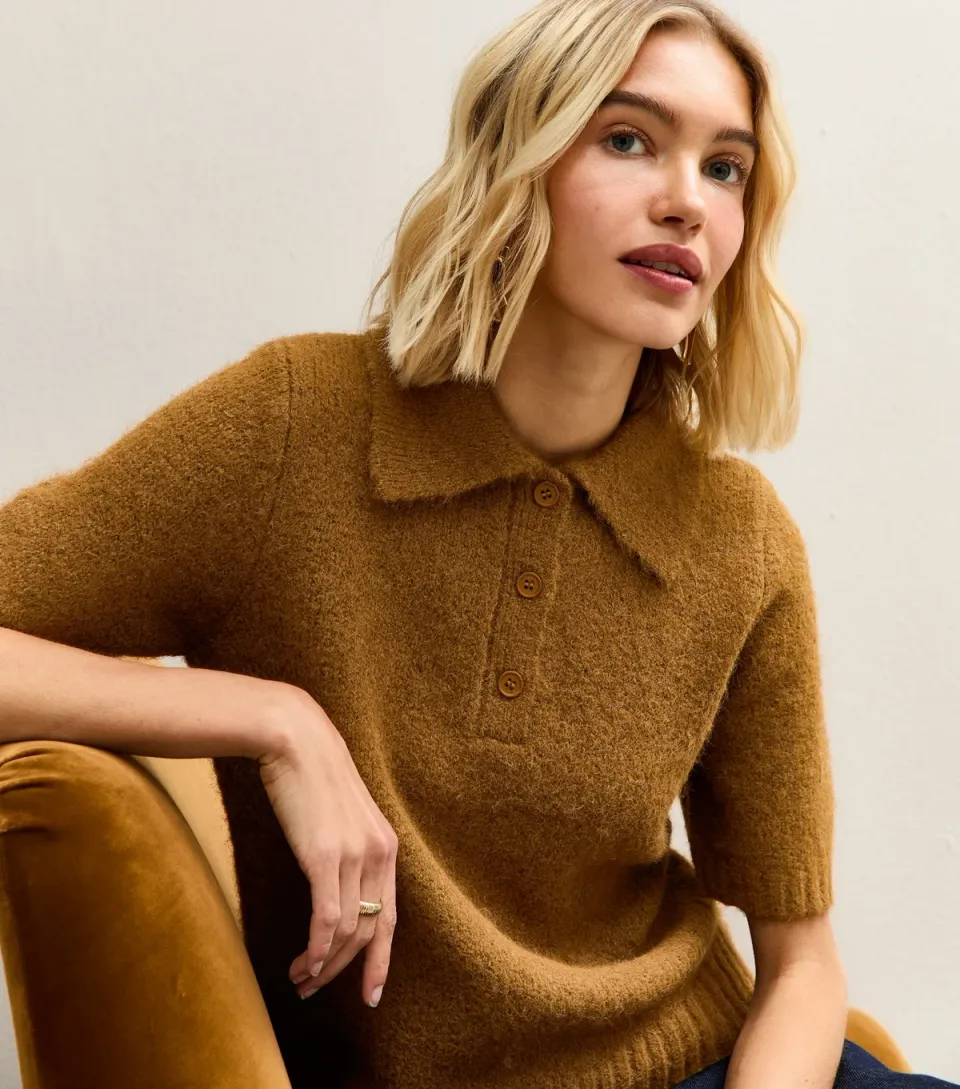 Women's Tan Textured Knit Polo Collar Top
