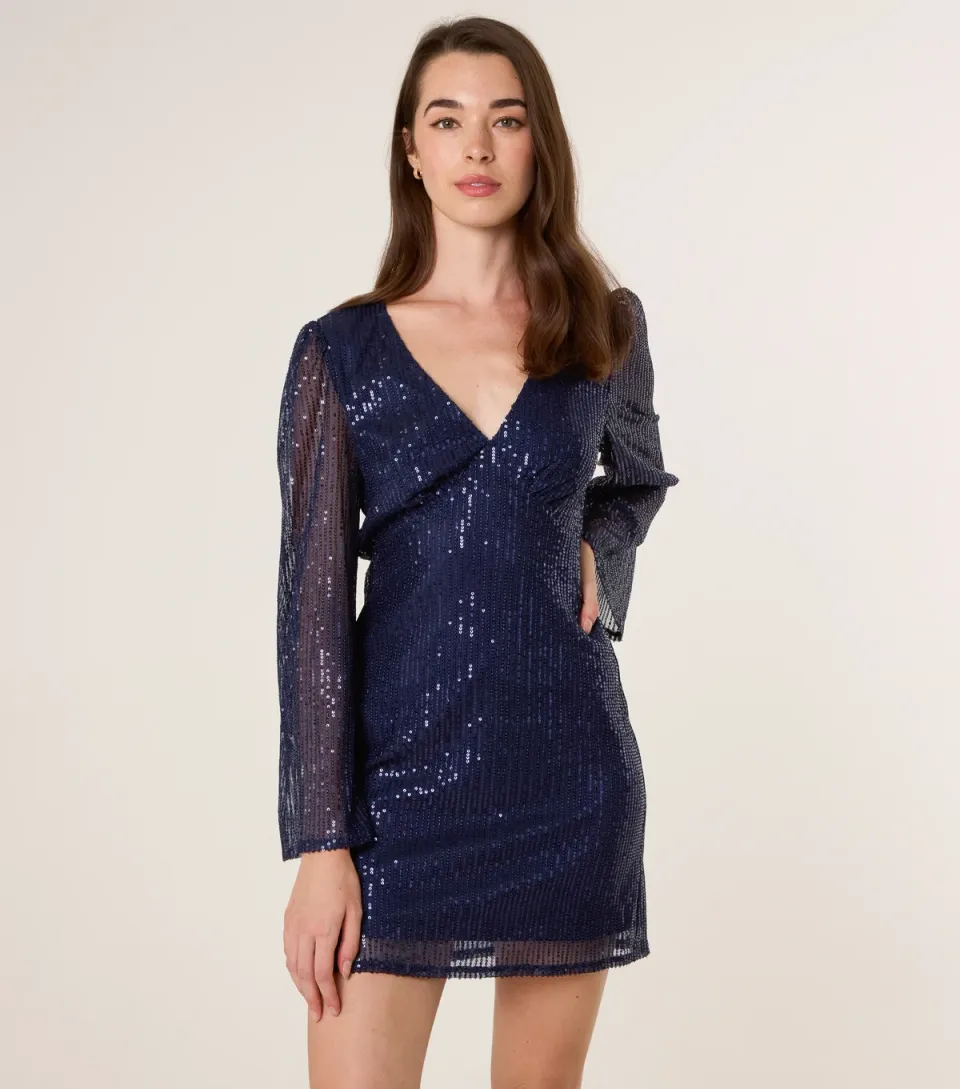 Women's Navy Angel Sleeve Sequin Dress