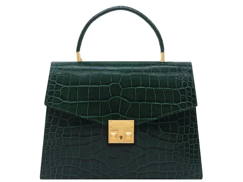 Odette Large Orinoco 'Croc' Print Calf Leather Handbag - Dark Green - 2