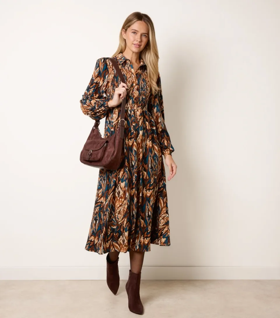 Women's Dark Brown Button Front Midi Dress