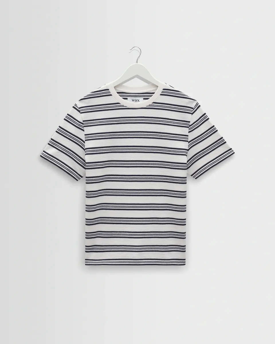 Dean - Ecru and Navy Textured Stripe Organic Cotton t-Shirt