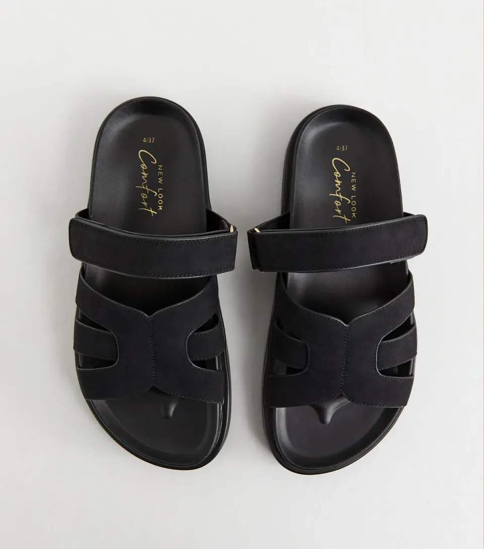Women's Black Faux Suede Chunky Interwoven Strap Flat Sandals Vegan