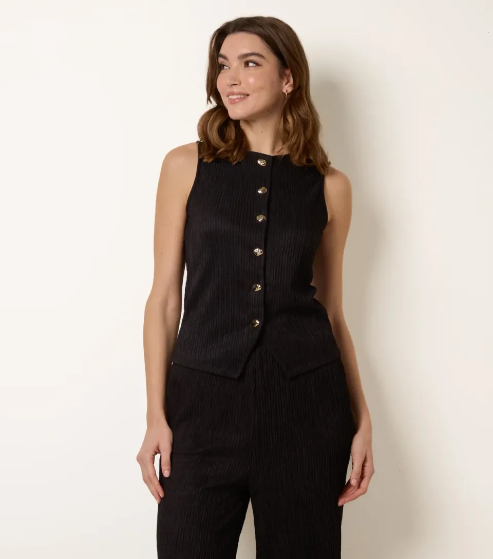 Women's Black Ribbed Abstract Button Waistcoat