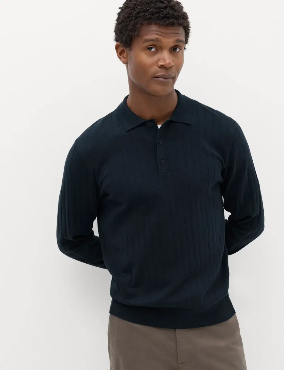 Cotton Blend Smart Rib Knit Polo Shirt Navy