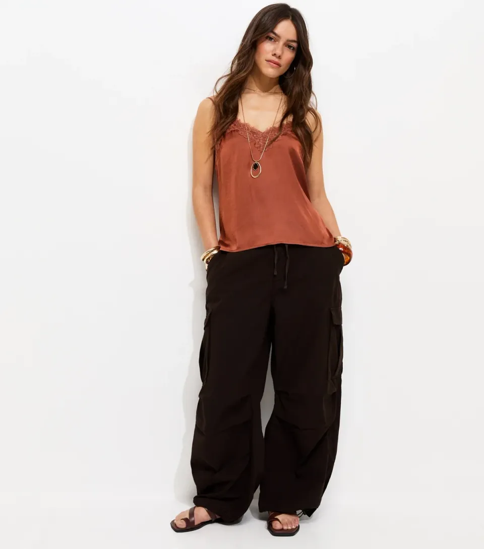 Women's Petite Dark Brown Cotton Cargo Trousers