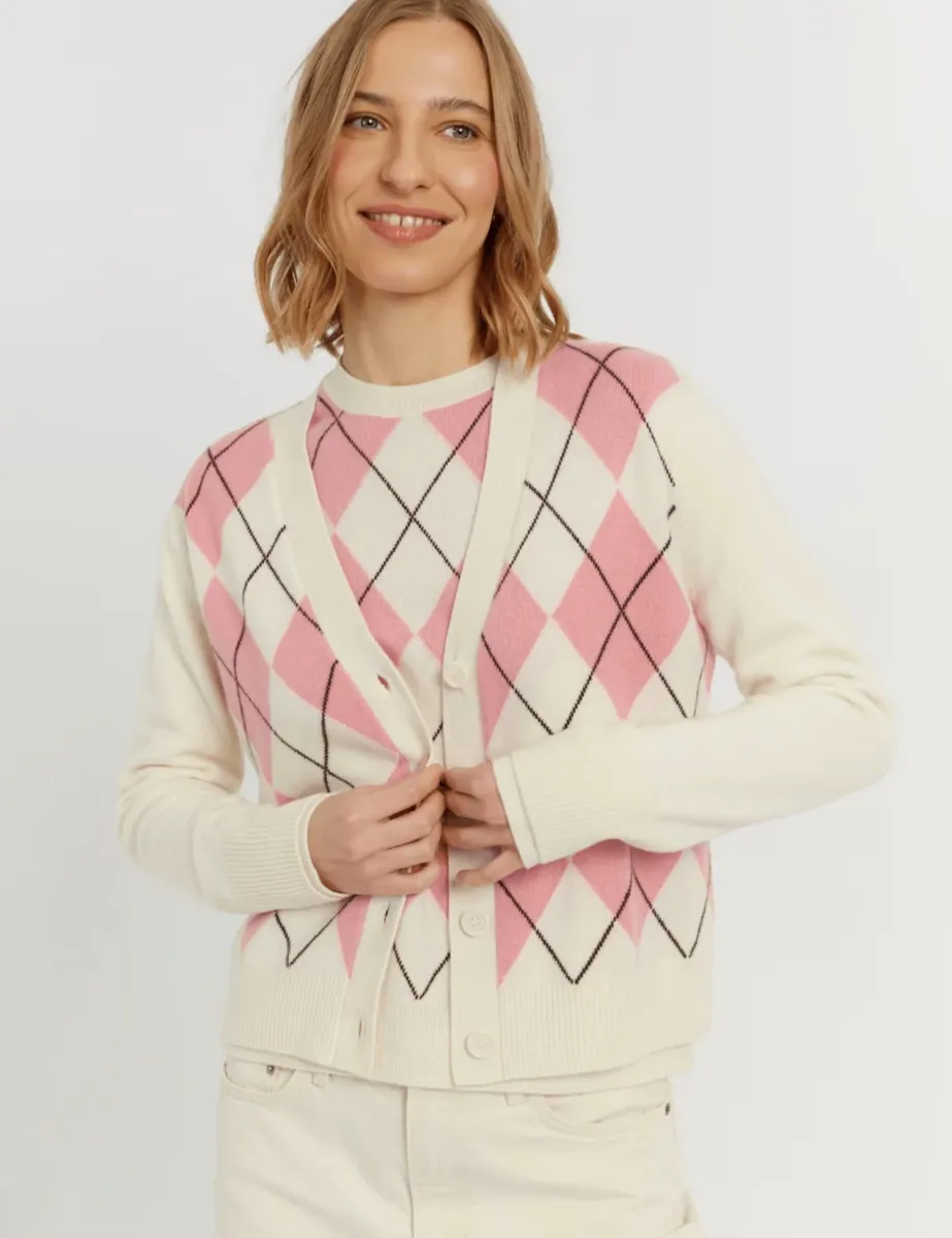 Wool Rich Argyle Crew Neck Cardigan with Cashmere Pink