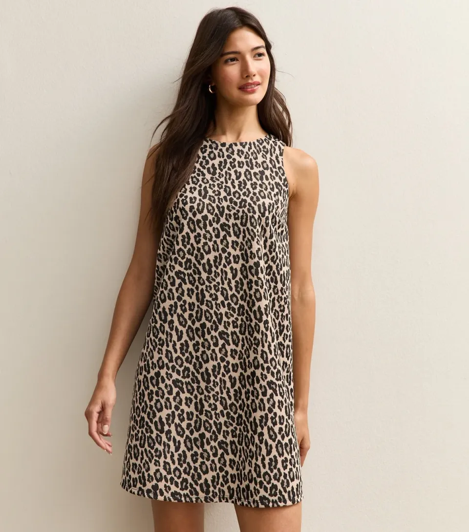 Women's Brown Animal Pattern Sleeveless Back Bow Mini Dress