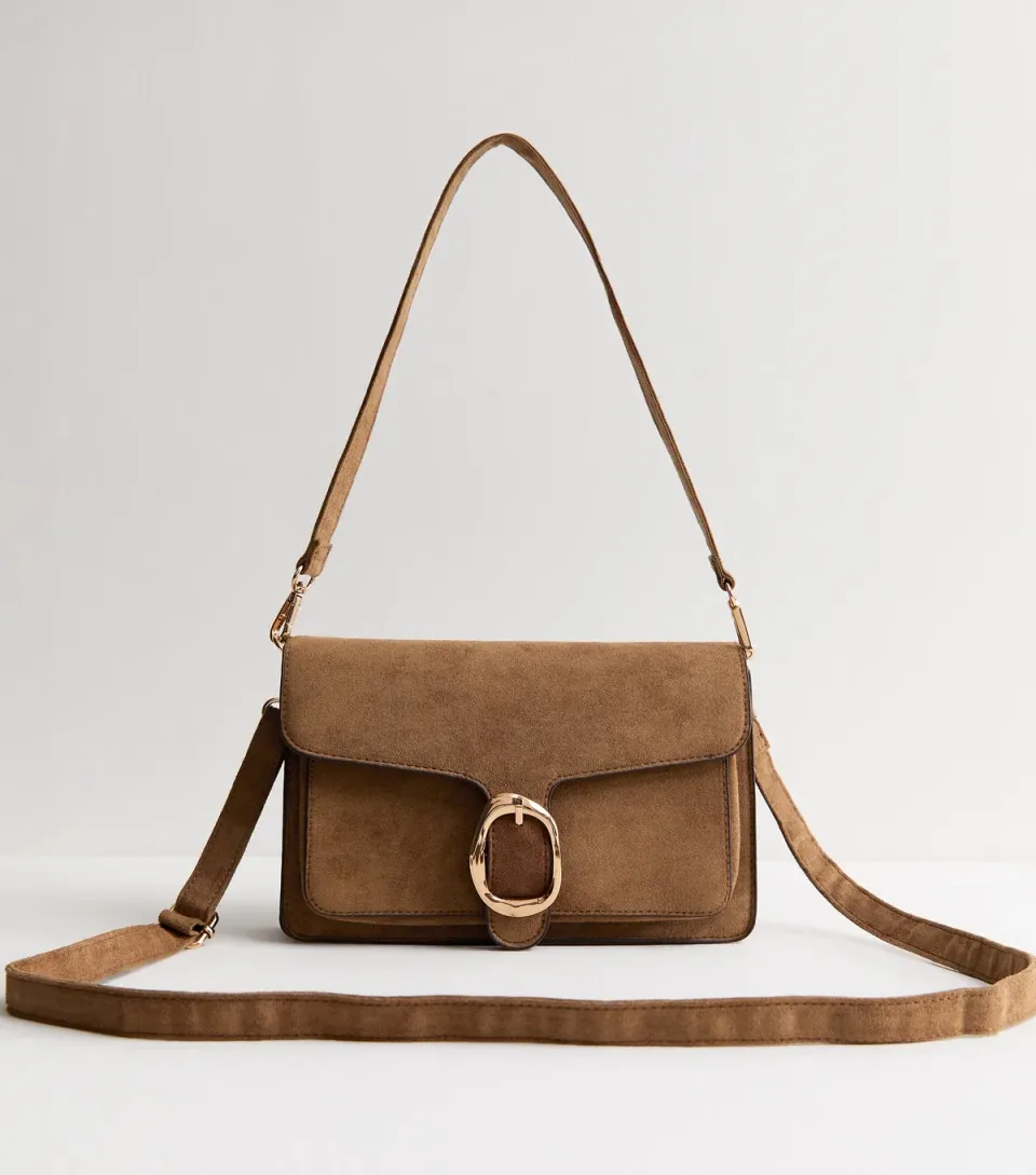 Tan Faux Suede Buckled Flap Shoulder Bag Vegan