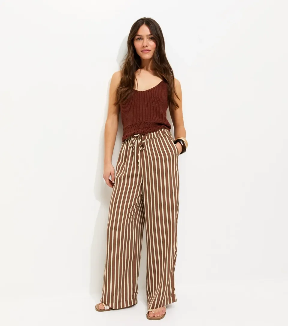 Women's Petite Cream Stripe Print Linen Blend Wide Leg Trousers