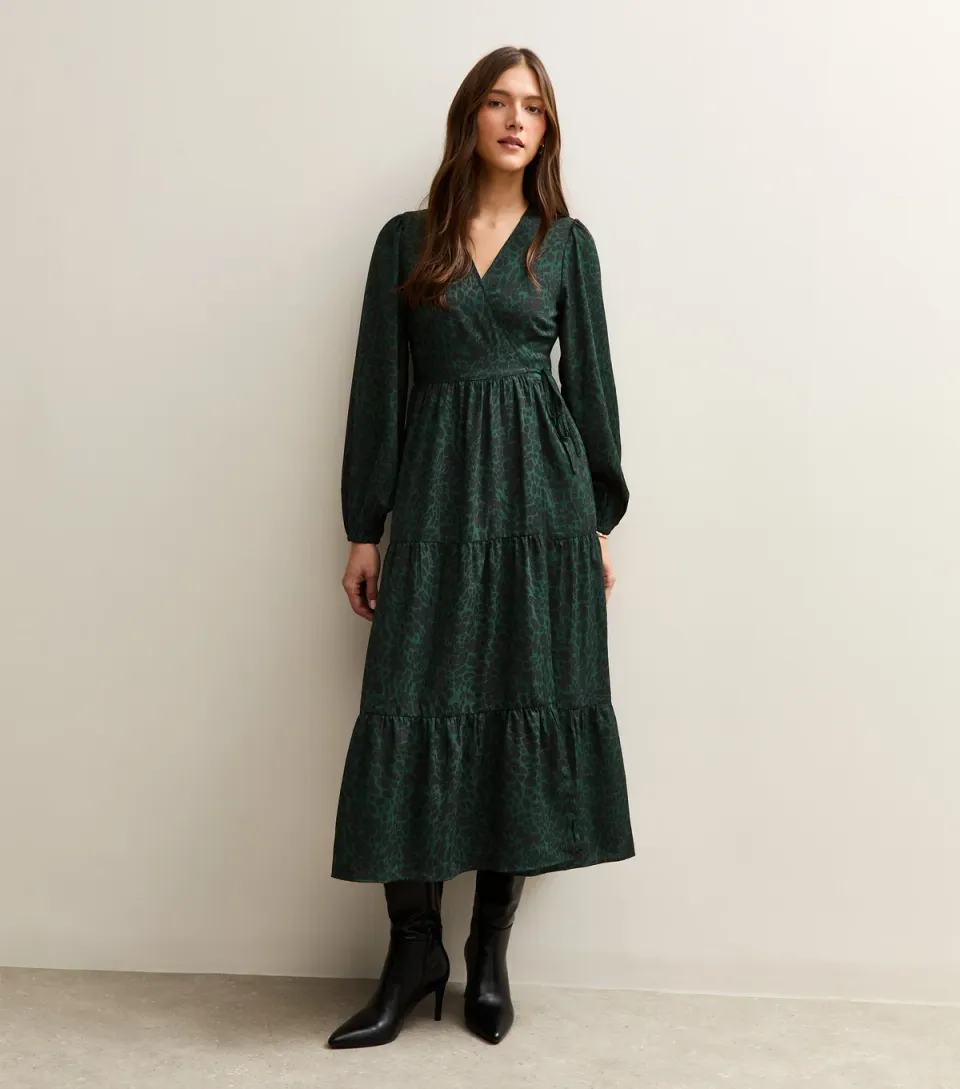 Women's Dark Green Speckled Print Crepe Wrap Midi Dress