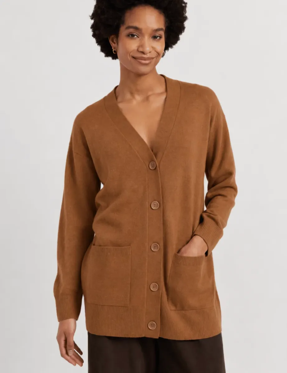 Wool Rich V-Neck Longline Cardigan Brown