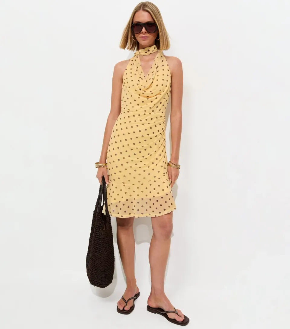 Women's Light Yellow Polka Dot Mesh Halter Mini Dress