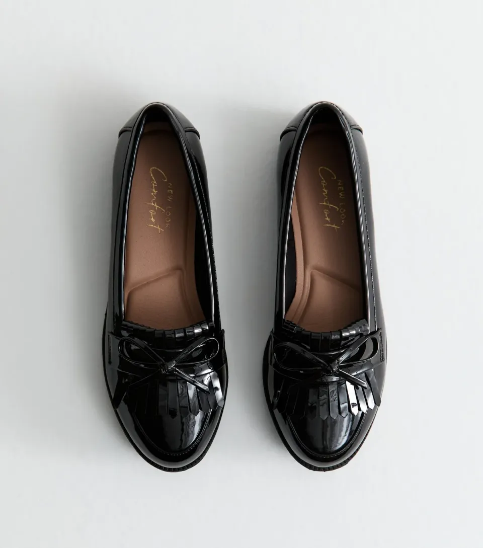 Women's Black Faux Patent Tassel Trim Loafers Vegan