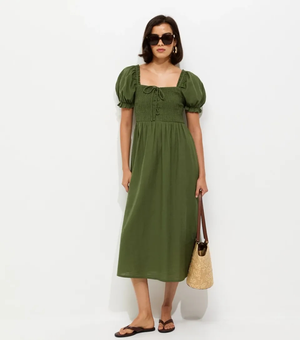 Women's Dark Khaki Cotton Shirred Short Sleeve Midi Dress