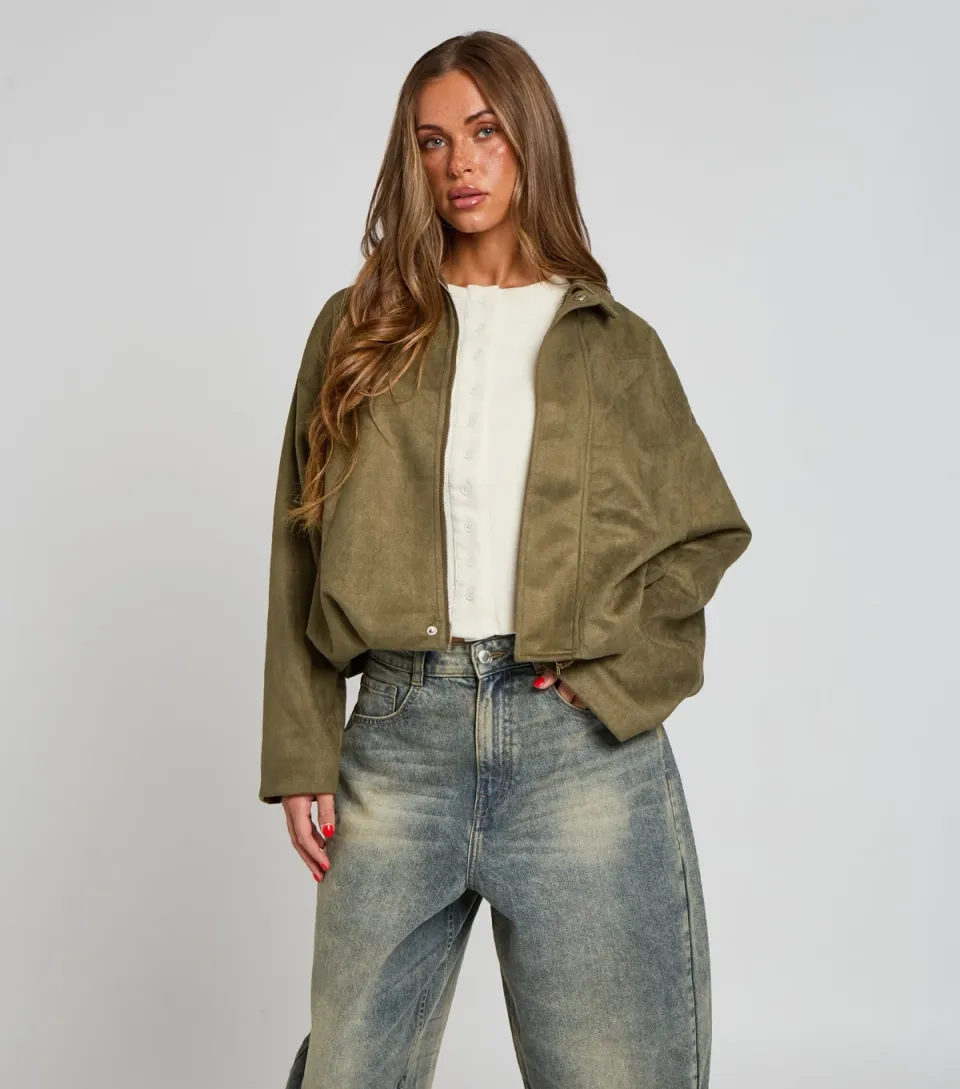 Women's Khaki Faux Suede Bubble Hem Collar Jacket
