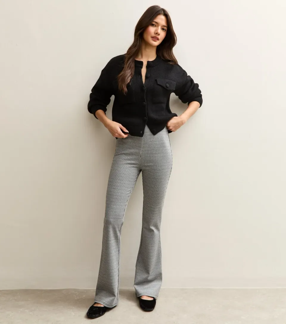 Women's Black Dogtooth Check Flared Trousers