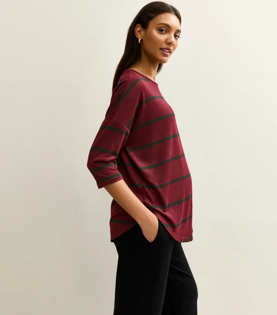 Women's Maternity Red Soft Touch Striped Long Sleeve Top