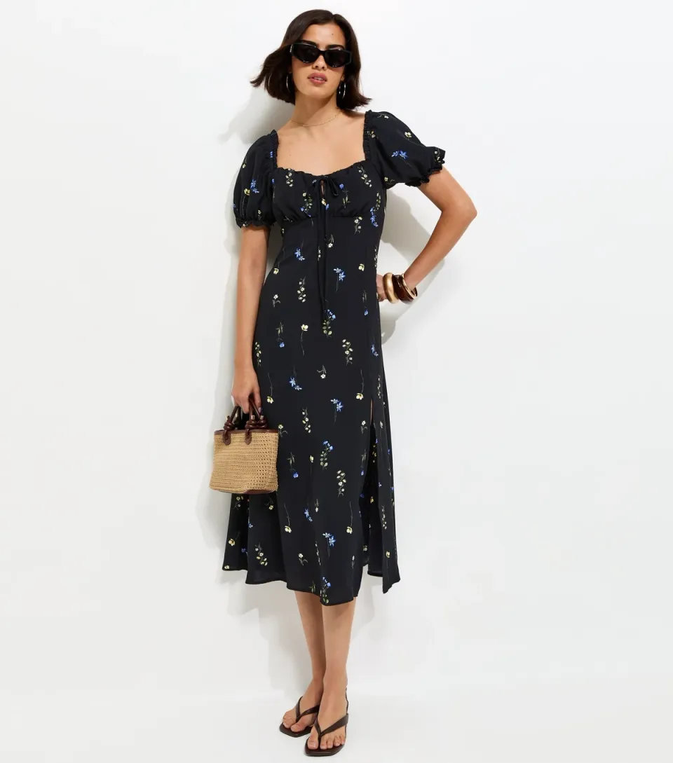 Women's Black Floral Print Milkmaid Midi Dress