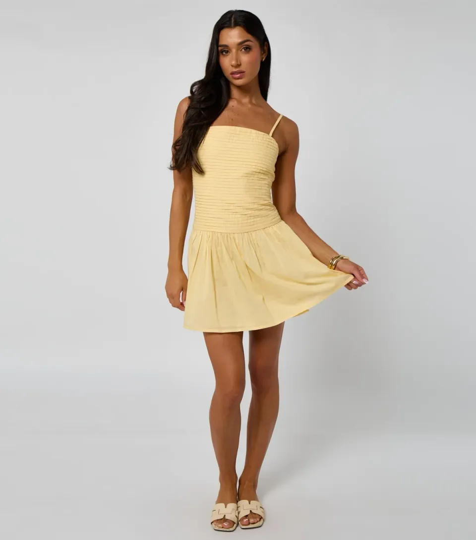 Women's Light Yellow Pleated Mini Strappy Dress