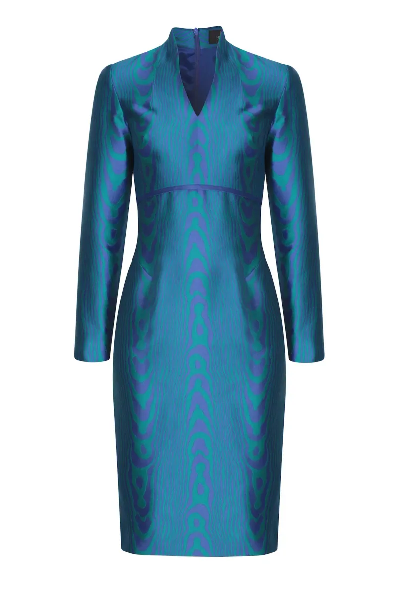Moiré Silk Sateen Dress in Royal/Emerald - Emma
