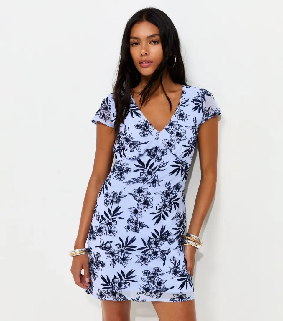 Women's Blue Flocked Velvet Trim V-Neck Mini Dress