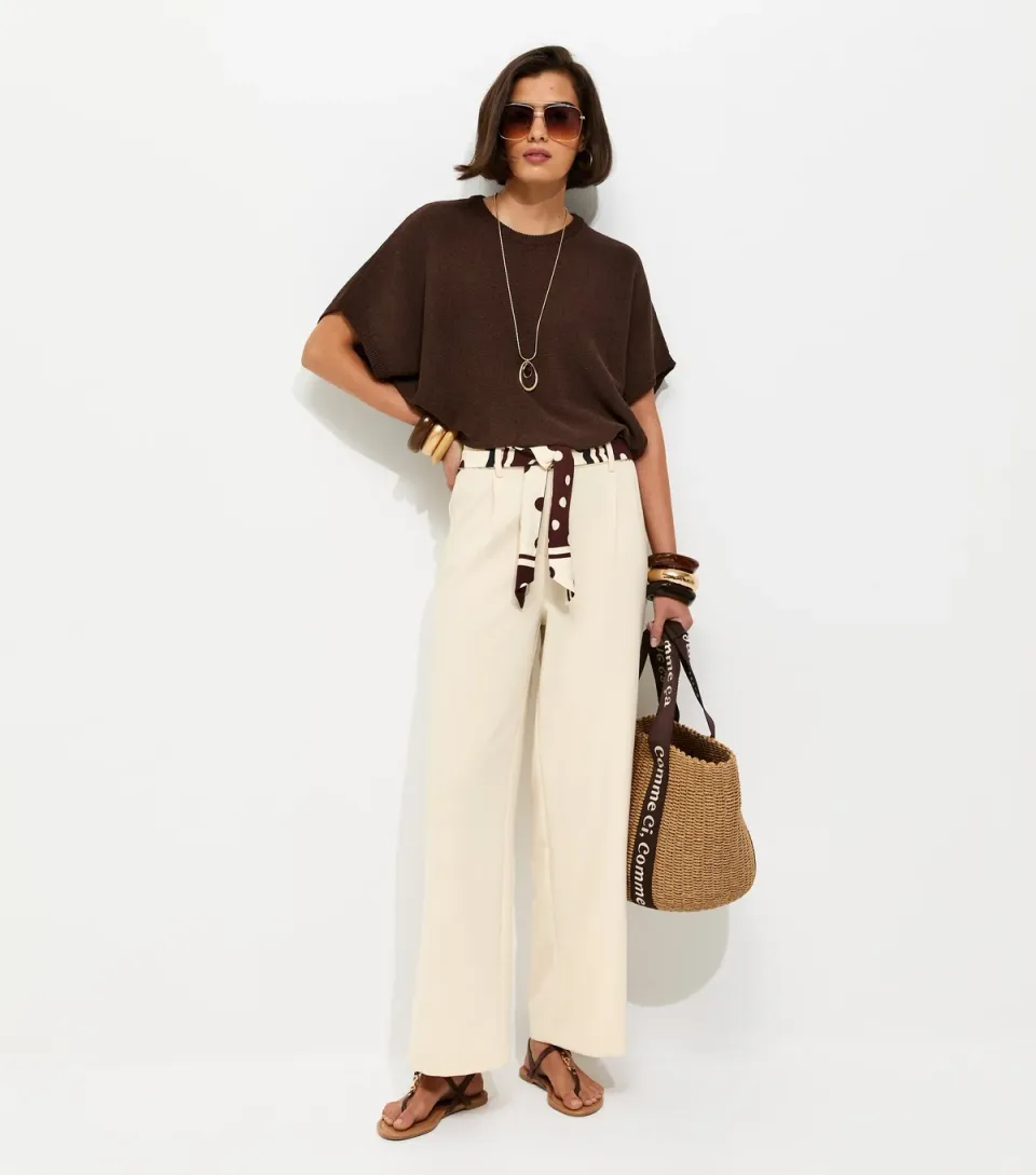 Women's Stone Tailored Wide Leg Scarf Belt Trousers