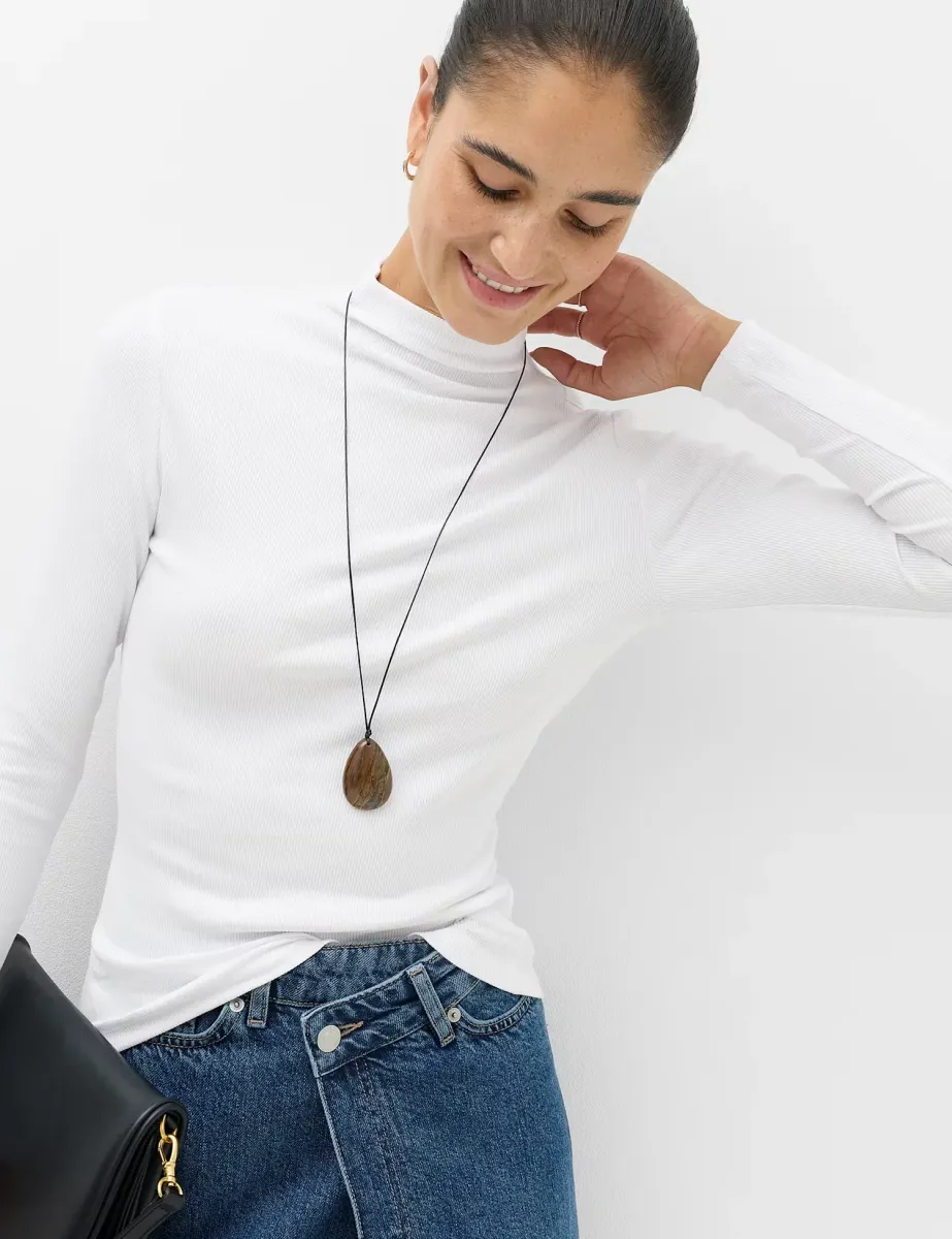 Cotton Rich Ribbed Funnel Neck Top Soft White