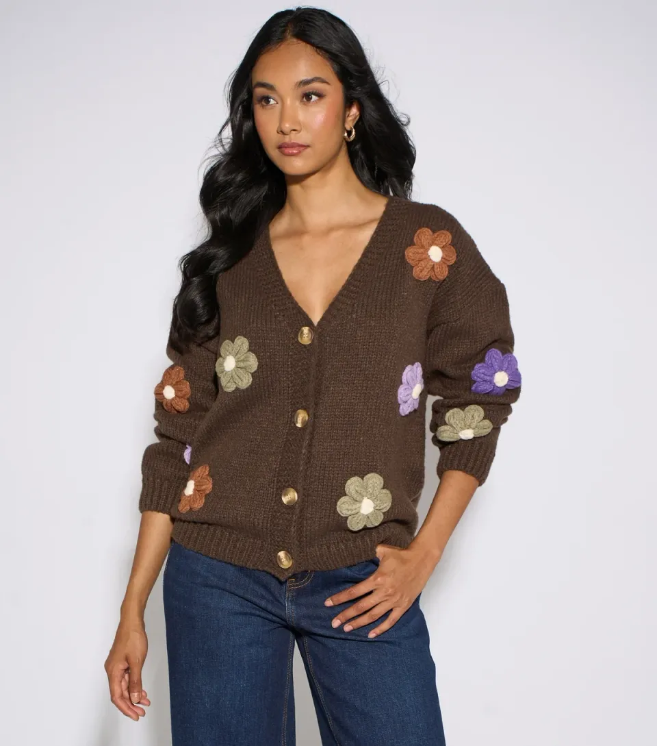 Women's Brown Chunky Knit Floral Embroidered Cardigan