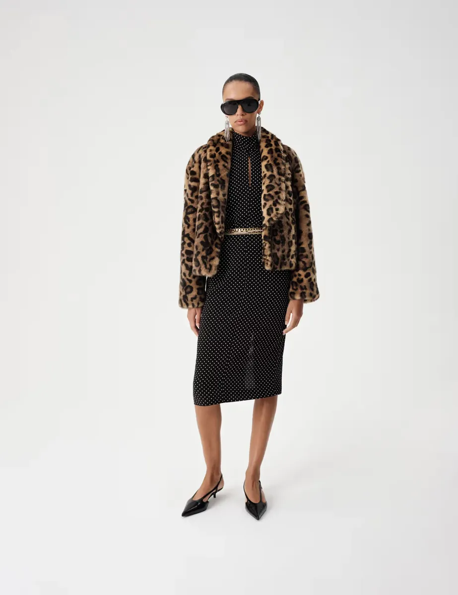 Faux Fur Leopard Print Cropped Jacket Brown Mix