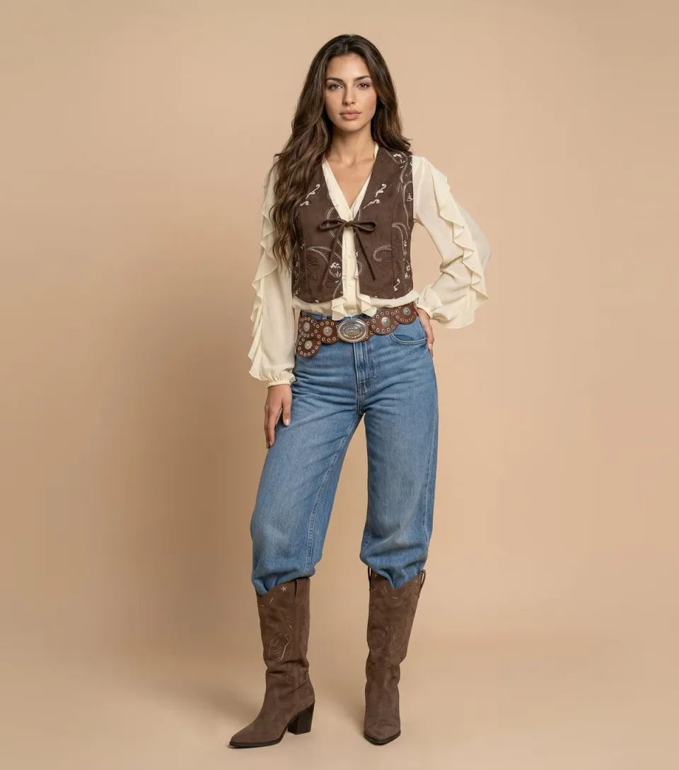 Women's Brown Floral Embroidered Waistcoat
