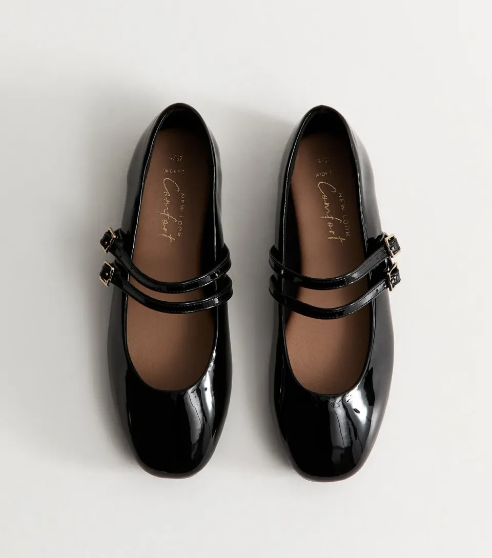 Women's Wide Fit Black Faux Patent Leather Double Strap Mary Jane Sandals Vegan